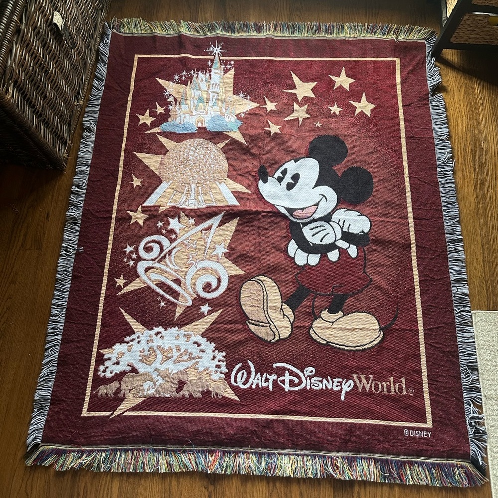 Vintage Walt Disney World Mickey Mouse tapestry woven throw blanket